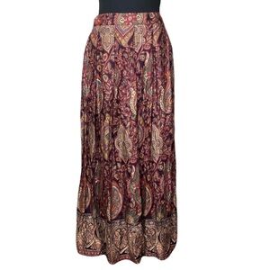 Vintage Koret Paisley Midi Skirt Burgundy & Tan Floral Hearts